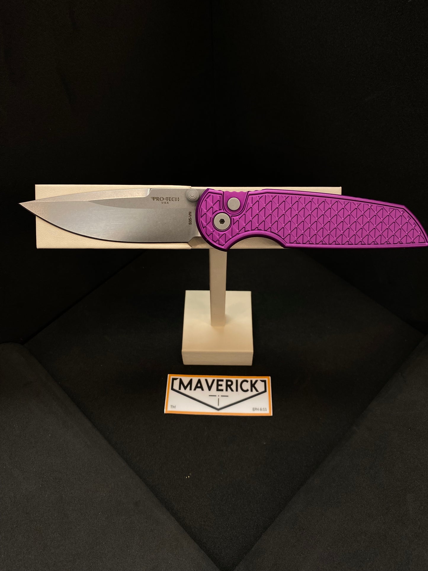 Pro-Tech TR-3 Integrity Thumbstud - Textured Purple Handle, Stonewash Blade