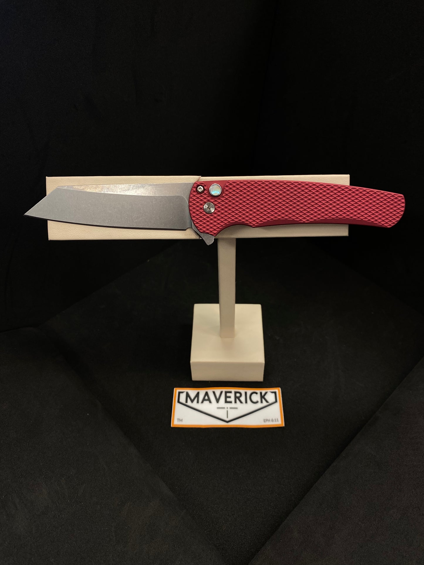 Pro-Tech Malibu - Textured Red Handle, Stonewash Magnacut Blade, Gold Lip Pearl Button