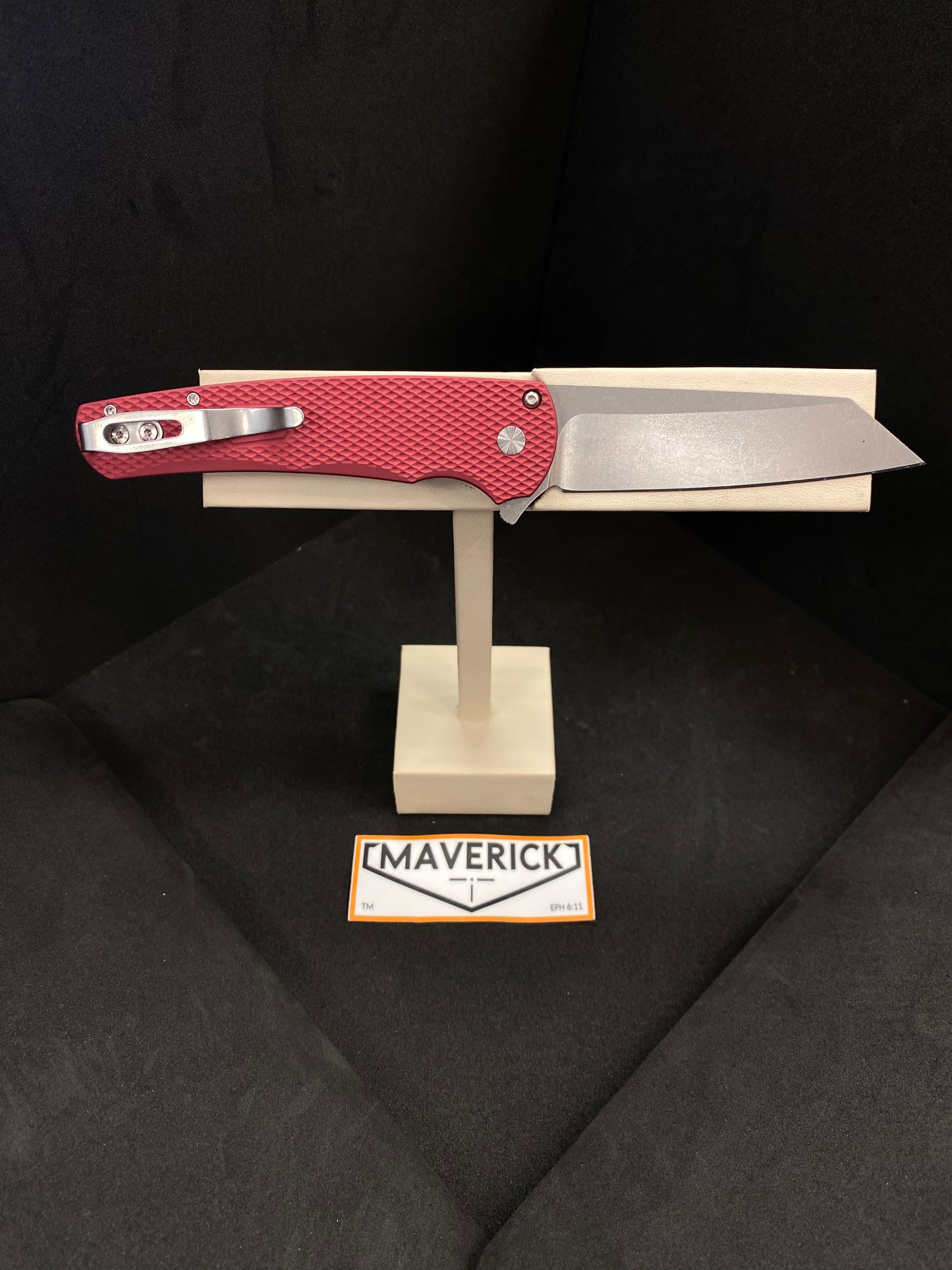 Pro-Tech Malibu - Textured Red Handle, Stonewash Magnacut Blade, Gold Lip Pearl Button