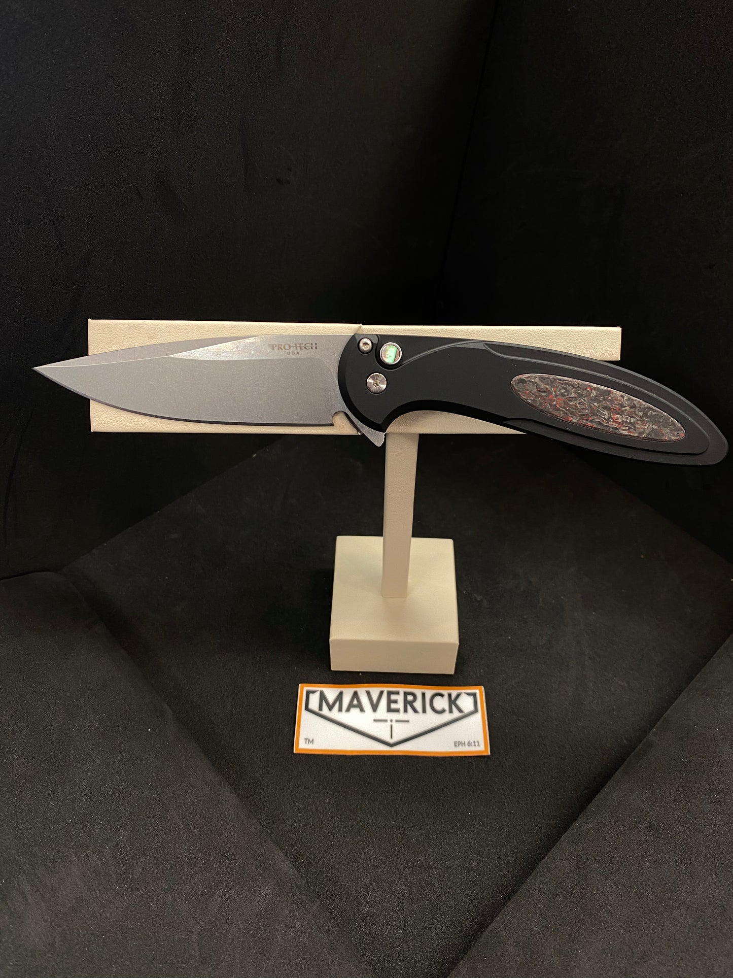 Pro-Tech Cambria Flipper - Black 6061 Aluminum Handle with TechnoCarbo Red Inlay, Stonewash Magnacut Blade, Black Lip Pearl Button