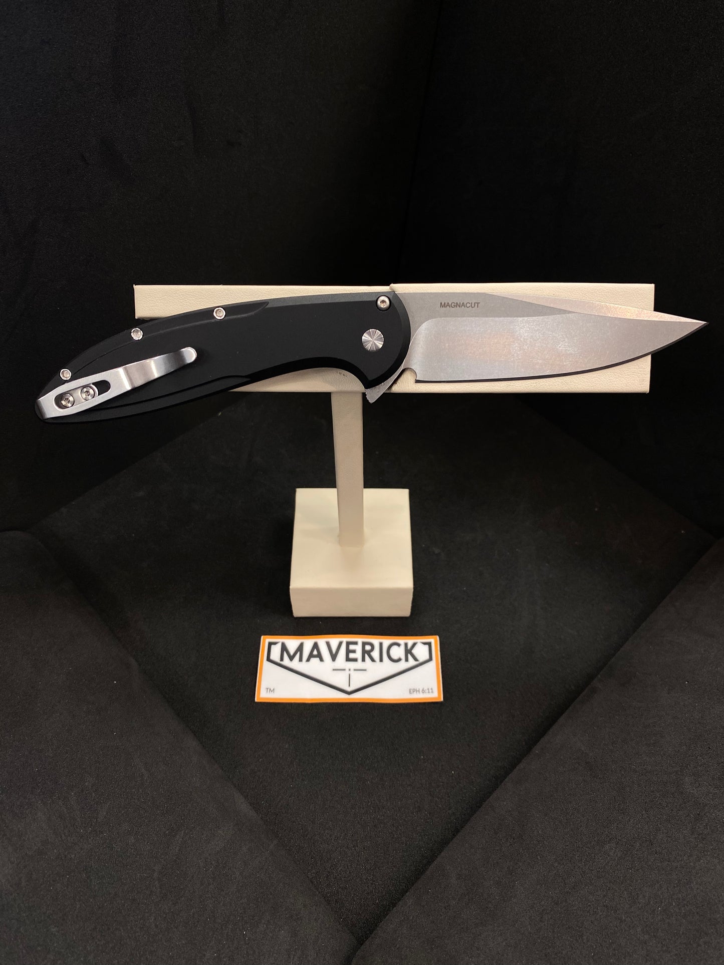 Pro-Tech Cambria Flipper - Black 6061 Aluminum Handle with TechnoCarbo Red Inlay, Stonewash Magnacut Blade, Black Lip Pearl Button