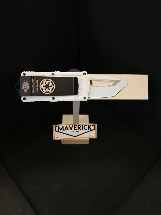 Microtech Exocet Storm Trooper - Tanto Edge, White Standard Blade, White Handle, Black Clip with Storm Trooper Logo