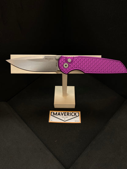 Pro-Tech TR-3 Integrity Thumbstud - Textured Purple Handle, Stonewash Blade