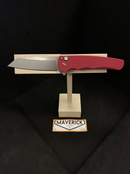 Pro-Tech Malibu - Textured Red Handle, Stonewash Magnacut Blade, Gold Lip Pearl Button