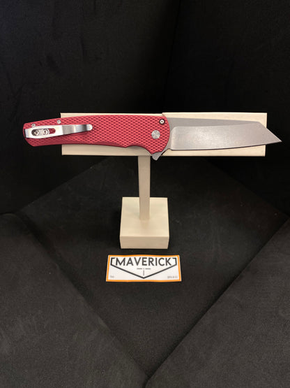 Pro-Tech Malibu - Textured Red Handle, Stonewash Magnacut Blade, Gold Lip Pearl Button