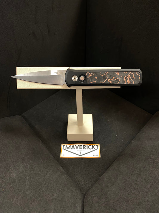 Pro-Tech Godson - Single Inlay Black Handle with Livewire Copper Carbon Fiber Inlay, Satin Blade, Black Lip Pearl Button