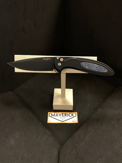 Pro-Tech Cambria Flipper - Black 6061 Aluminum Handle with TechnoCarbo Blue Inlay, DLC Black Magnacut Blade, Black Lip Pearl Button