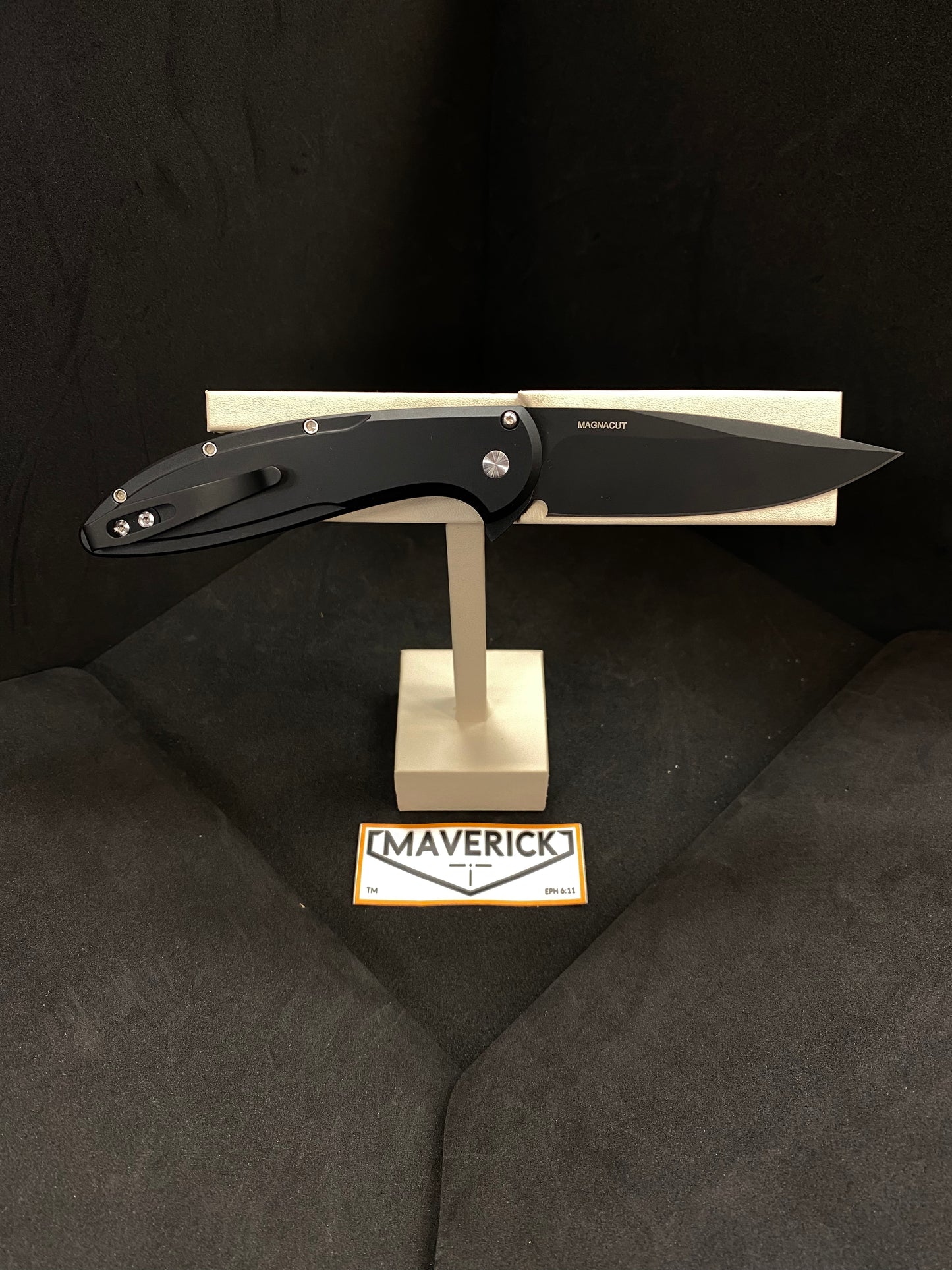 Pro-Tech Cambria Flipper - Black 6061 Aluminum Handle with TechnoCarbo Blue Inlay, DLC Black Magnacut Blade, Black Lip Pearl Button