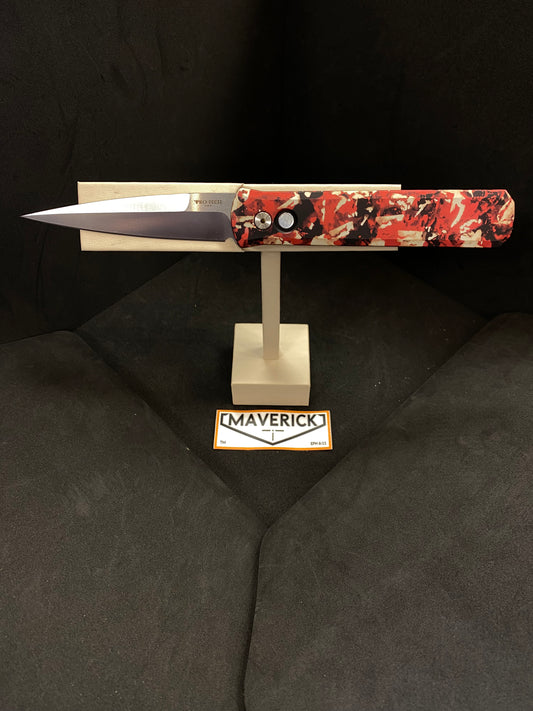 Pro-Tech Godfather - Crimson Tiger Camo Custom Anodized Handle, Satin Blade, Mother of Pearl Button