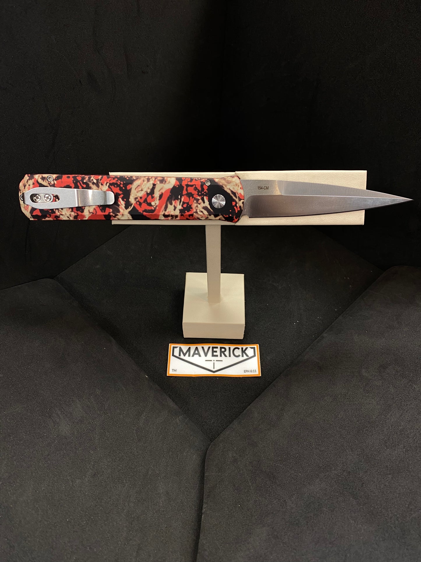 Pro-Tech Godfather - Crimson Tiger Camo Custom Anodized Handle, Satin Blade, Mother of Pearl Button