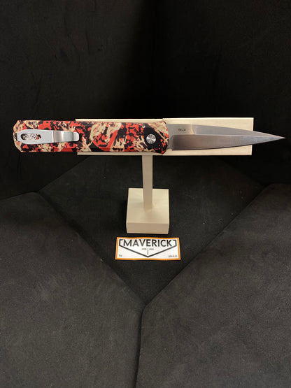 Pro-Tech Godfather - Crimson Tiger Camo Custom Anodized Handle, Satin Blade, Mother of Pearl Button