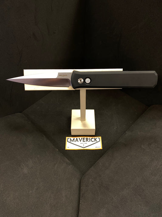 Pro-Tech Godfather - Solid Black Handle, Satin Blade, Mother of Pearl Button, Wide Deep Carry Clip