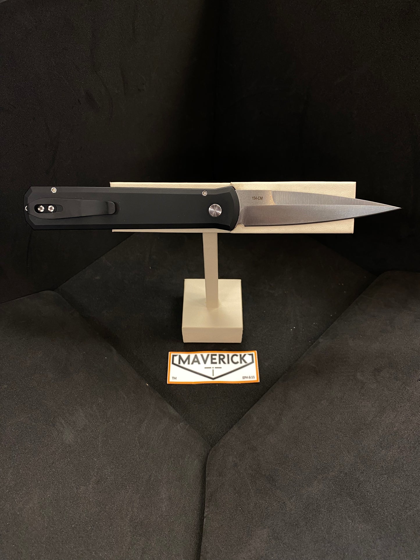 Pro-Tech Godfather - Solid Black Handle, Satin Blade, Mother of Pearl Button, Wide Deep Carry Clip