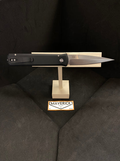 Pro-Tech Godfather - Solid Black Handle, Satin Blade, Mother of Pearl Button, Wide Deep Carry Clip