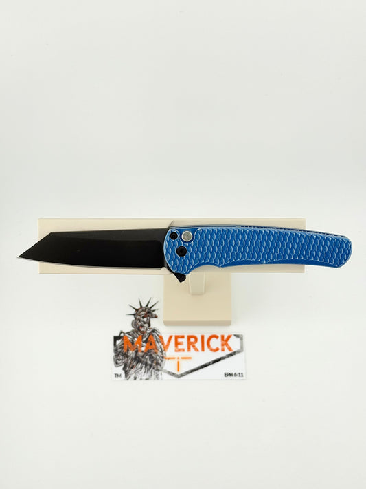 Pro-Tech Malibu - Blue Battleworn 7075 Dragon Scale Handle, Black Lip Pearl Button, DLC Black Magnacut Reverse Tanto Blade