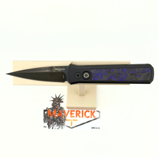 Pro-Tech Godson - Single Inlay Black Handle with Violet Marble Carbon Fiber Inlay, DLC Satin Blade, Black Lip Pearl Button