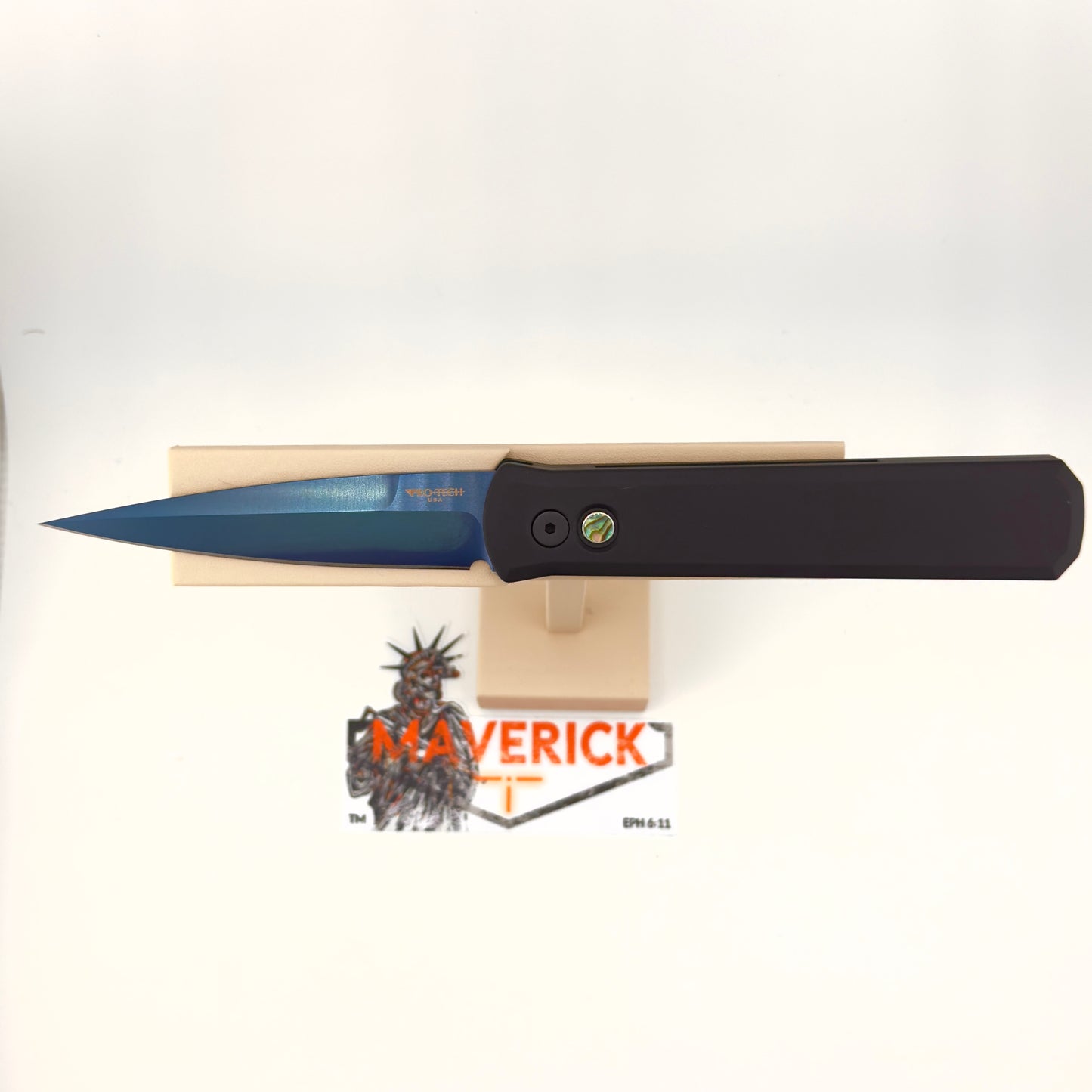 Pro-Tech Godfather - Solid Black Handle, Sapphire Blade, Abalone Button