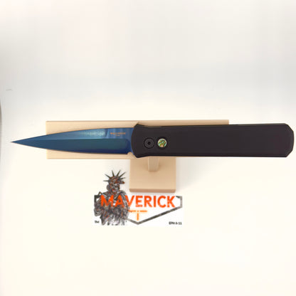 Pro-Tech Godfather - Solid Black Handle, Sapphire Blade, Abalone Button