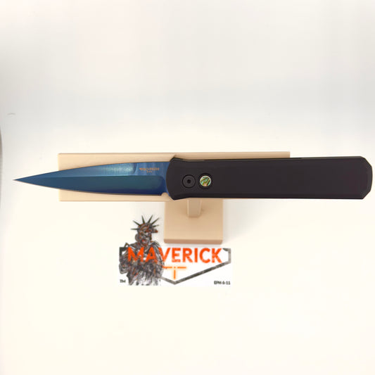 Pro-Tech Godfather - Solid Black Handle, Sapphire Blade, Abalone Button