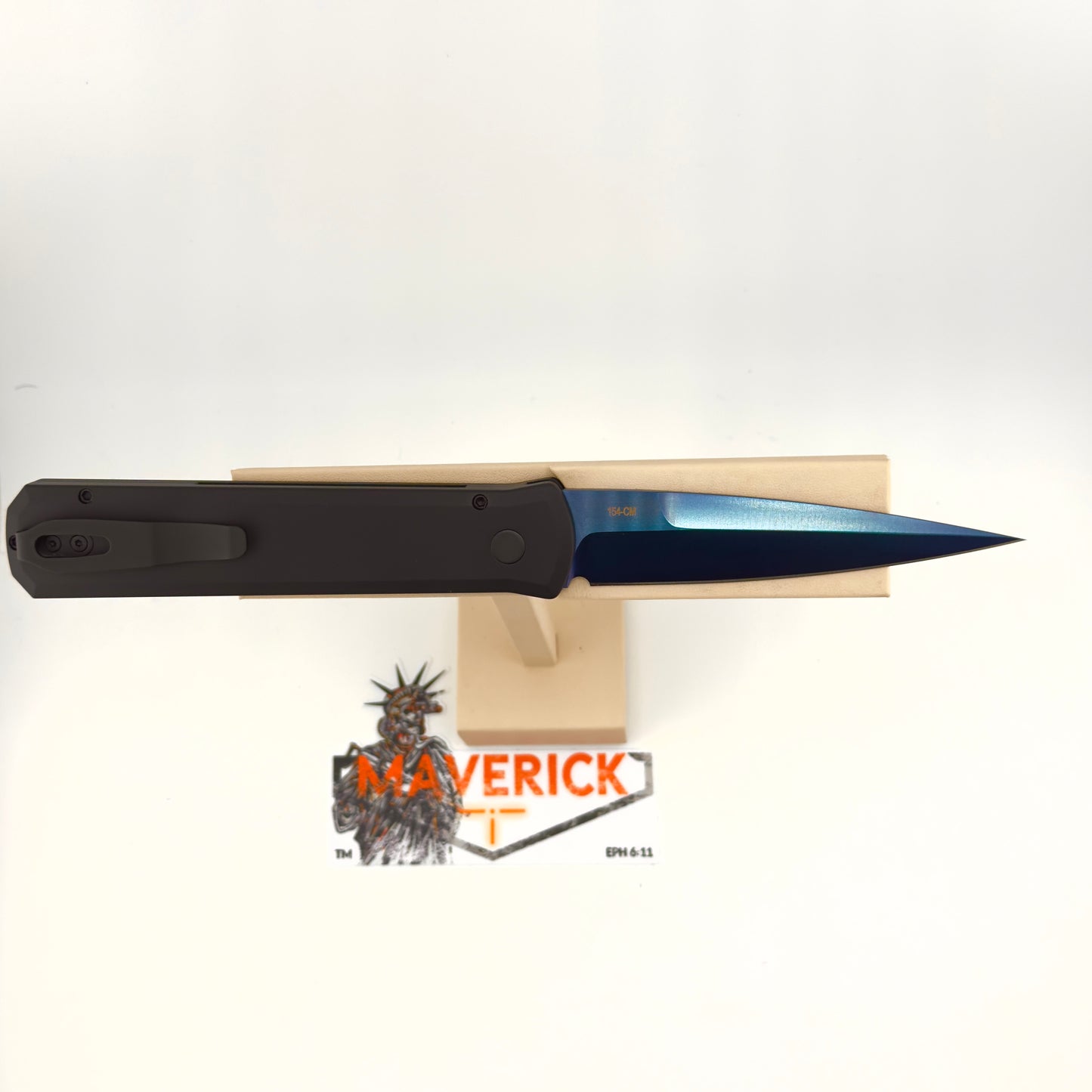 Pro-Tech Godfather - Solid Black Handle, Sapphire Blade, Abalone Button