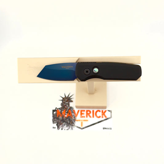 Pro-Tech Runt 5 - Black Handle, Reverse Tanto Sapphire Blade, Abalone Button