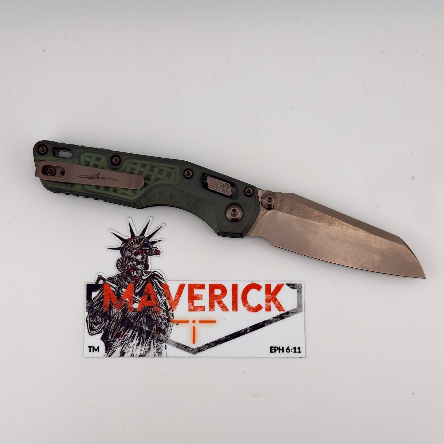 Microtech MSI Mini RAM-LOK Marfione Select Bronzed Stonewash Finish Antique Green Anodized Frag W/ Bronze Titanium Accent